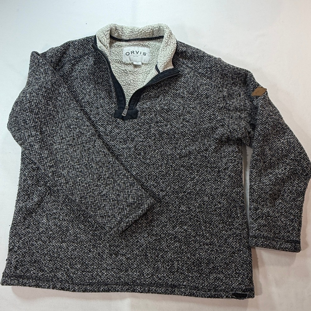 Orvis Quarter Zip Pullover Mens L Marled Knit Sherpa Lined Black White - Picture 2 of 8